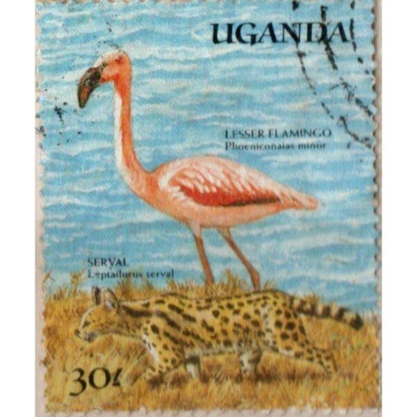 30 Uganda Lesser Flamingo Phoeniconaias Minor Seryal Leptailurus Serval Used Stamp