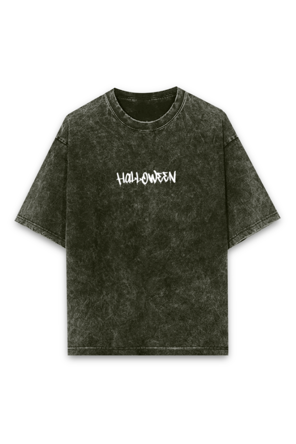 Halloween Text Printed Acid Wash Oversized Classic Unisex T-Shirt