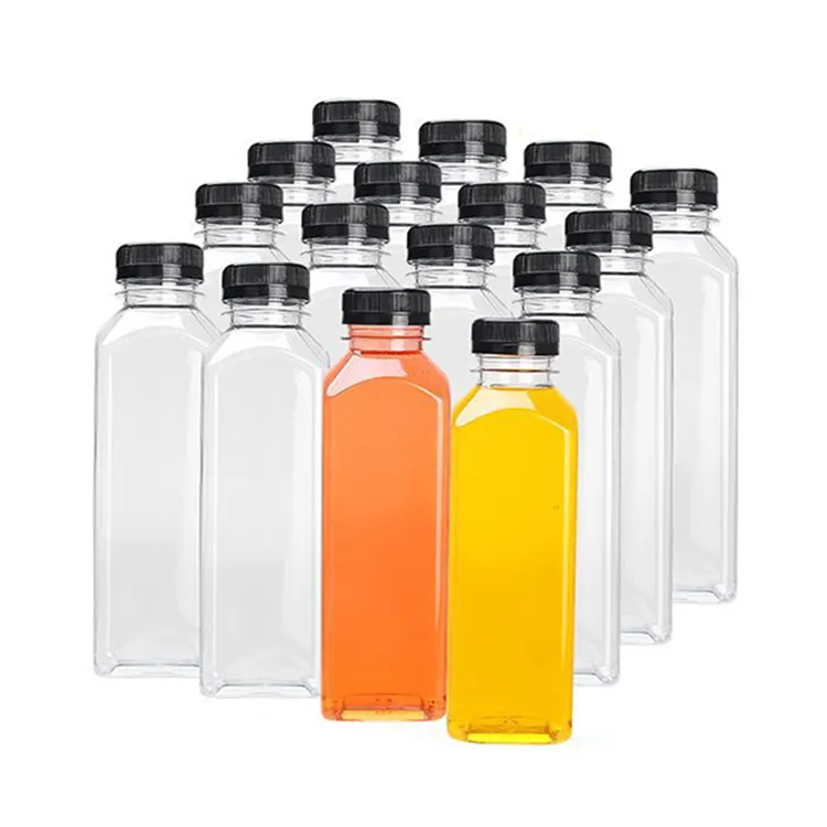 Square Plastic Transparent Disposable Bottle with Black Cap